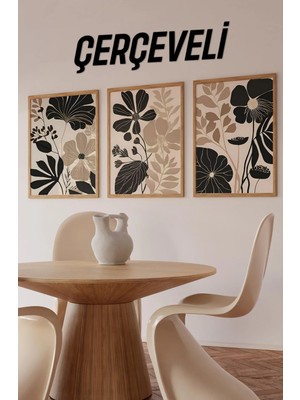 KutuTR 🖼️ Siyah ve Bej Çiçek Desenli Modern 3’lü Mdf Tablo Seti CRV1065