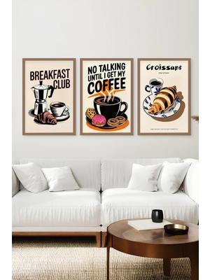KutuTR Kahverengi Ahşap Çerçeveli 2duv Baskı 3’lü Mdf Tablo–breakfast Club Croissant Temalı-Kahve CRV1019