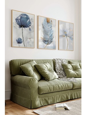 KutuTR 💙 Modern Çiçek ve Tüy Temalı 3’lü Çerçeveli Tablo Seti | Uv Baskılı CRV1055