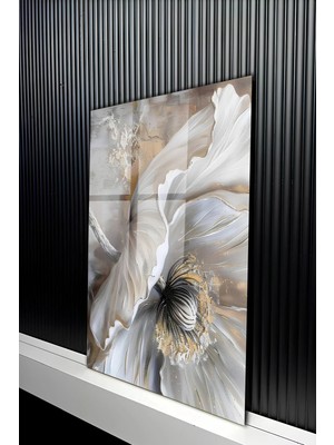 KutuTR Altın Varak Detaylı Soyut Çiçek Tasarımlı Temperli Cam Tablo 50X70 cm 2d Uv Baskı - YCT264