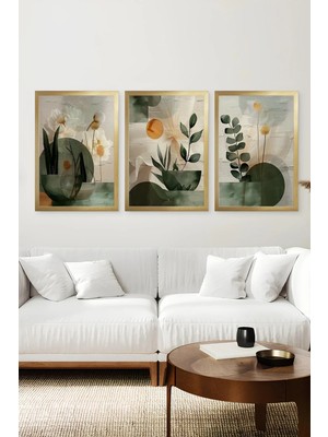 KutuTR Gold Renk Ahşap Çerçeveli Minimal Bitki Temalı 2duv Baskı 3’lü Mdf Tablo-Gold CRV1032