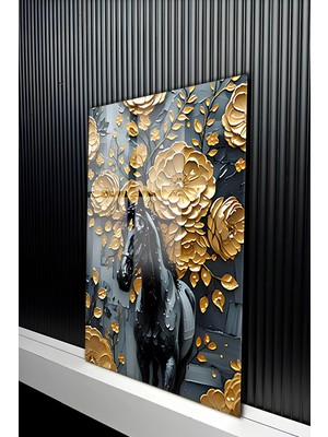 KutuTR Çiçek Bahçesinde Siyah At Temalı Temperli Cam Tablo 50X70 cm 2d Uv Baskı - YCT133