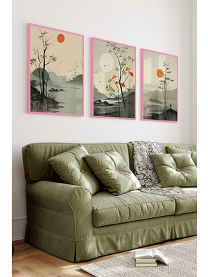 KutuTR Pembe Renkli Ahşap Çerçeveli 2duv Baskı 3’lü Mdf Tablo-Uzak Doğu Esintili-Pembe CRV1033