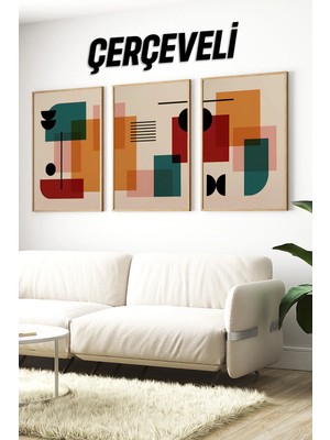 KutuTR 3’lü Mdf Tablo Seti – Modern Soyut Geometrik Desen – 2d Uv Baskı Duvar Dekoru CRV1258