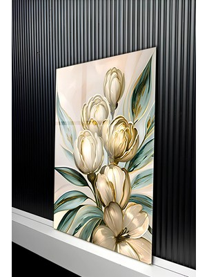 KutuTR Beyaz Tomurcuk Çiçek ve Yeşil Yaprak Temalı Temperli Cam Tablo 50X70 cm 2d Uv Baskı - YCT267