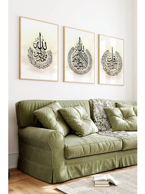 KutuTR Ahşap Çerçeveli 2d Uv Baskı 3'lü Tablo Set–gold Işıltılı Modern Islami Duvar Sanatı- CRV1412