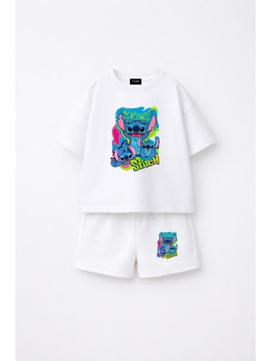 Fasardi Stitch Baskılı Oversize %100 Pamuk Tişört Şort Çocuk 2li Takım