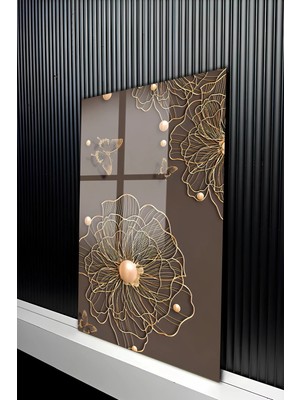 KutuTR Altın Varaklı Modern Çiçek ve Kelebek Temalı Temperli Cam Tablo 50X70 cm 2d Uv Baskı - YCT251