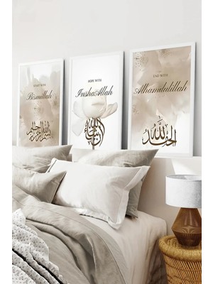 KutuTR Beyaz Çerçeveli 2d Uv Baskı 3’lü Mdf Tablo–minimal Çiçek Desenli Duvar Tablosu-Beyaz CRV1204