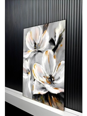 KutuTR Yağlı Boya Beyaz ve Gold Detaylı Soyut Çiçekli Temperli Cam Tablo 50X70 cm 2d Uv Baskı - YCT206