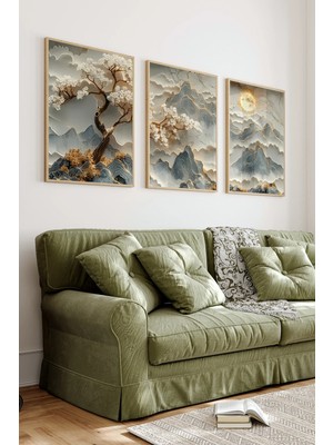 KutuTR 🖼️ 3'lü Çerçeveli Dağ ve Çiçek Temalı Mdf Tablo Seti | Yüksek Kalite Uv Baskı | CRV1037