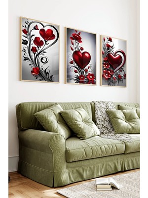 KutuTR Ahşap Çerçeveli 2d Uv Baskı 3'lü Tablo Set–kırmızı Kalp ve Çiçek Temalı- CRV1265