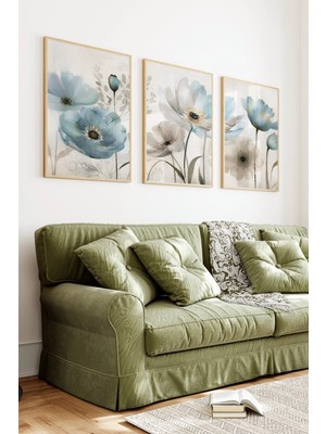 KutuTR Ahşap Çerçeveli 2d Uv Baskı 3'lü Tablo Set–mavi Beyaz Çiçekler Temalı- CRV1324