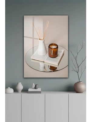 KutuTR Minimalist Naturel Dekoratif Mum ve Kitap Temalı Temperli Cam Tablo 2d Uv Baskı - YCT316