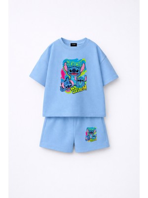 Fasardi Stitch Baskılı Oversize %100 Pamuk Tişört Şort Çocuk 2li Takım