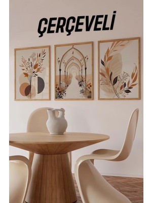 KutuTR 🌿 Bej ve Tarçın Tonlarında Mimari ve Doğa Temalı 3’lü Çerçeveli Tablo Seti CRV1064