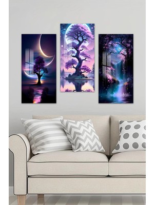 KutuTR 3D Görünümlü 2duv Baskı Temperli Cam Tablo Set-Mor Ay Işığı Ağaçlar Vebüyülü Şelale 30X60CM- DCS056
