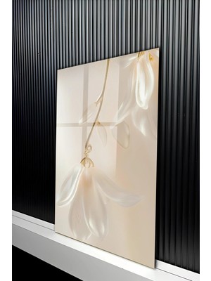 KutuTR Modern Minimalist Beyaz Çiçek Dalı Temalı Temperli Cam Tablo 50X70 cm 2d Uv Baskı - YCT229