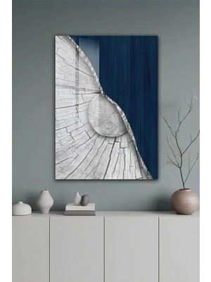KutuTR Modern Rustik Beyaz Kütük Kesiti ve Lacivert Ahşap Temperli Cam Tablo 2d Uv Baskı - YCT310