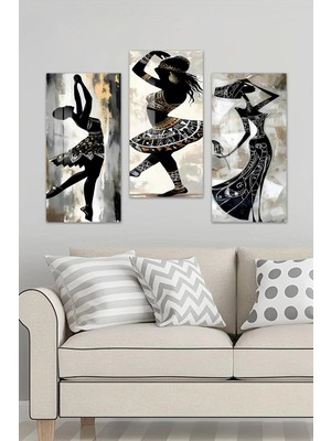 KutuTR 3D Görünümlü 2d Uv Baskı Temperli Cam Tablo Set –modern Afrika Silüet Dans Figürleri 30X60CM- DCS017