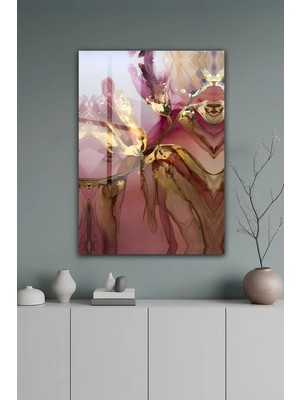 KutuTR Gold Detaylı Antrasit ve Pembe Mermer Desenli Temperli Cam Tablo 2d Uv Baskı - YCT313