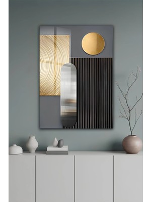 KutuTR Modern Geometrik Formlar ve Altın Detaylı Temperli Cam Tablo 50X70 cm 2d Uv Baskı - YCT130