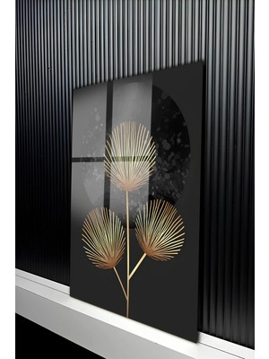 KutuTR Altın Işıltılı Minimalist Çiçek Desenli Temperli Cam Tablo 50X70 cm 2d Uv Baskı - YCT178