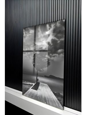 KutuTR Siyah Beyaz Iskele ve Yalnız Ağaç Manzaralı Temperli Cam Tablo 50X70 cm 2d Uv Baskı - YCT170