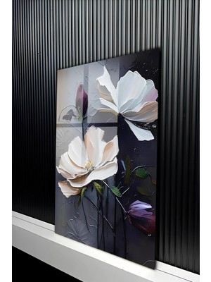 KutuTR Yağlı Boya Dokulu Beyaz ve Mor Çiçekli Temperli Cam Tablo 50X70 cm 2d Uv Baskı - YCT233