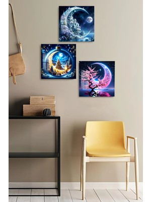 KutuTR 3D Görünümlü Temperli Cam Kare Tablo Seti – Ay ve Gece Manzaralı Dekoratif 33×33 cm Uv Baskı -TCK006