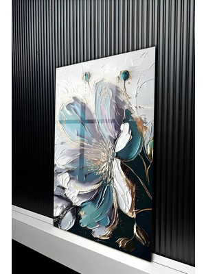 KutuTR Turkuaz ve Gold Detaylı Soyut Çiçek Desenli Temperli Cam Tablo 50X70 cm 2d Uv Baskı - YCT201