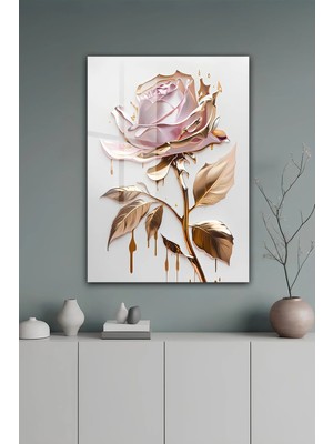 KutuTR Lüks Gold Detaylı Modern Metalik Gül Tasarımlı Temperli Cam Tablo 2d Uv Baskı - YCT328