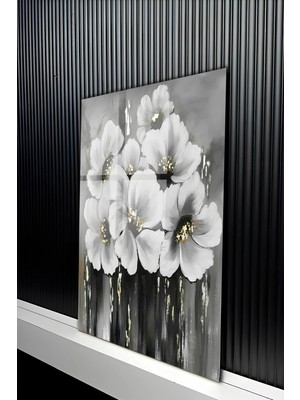 KutuTR Gri Siyah Temalı Gold Işıltılı Beyaz Çiçek Desenli Temperli Cam Tablo 50X70 cm 2d Uv Baskı - YCT209