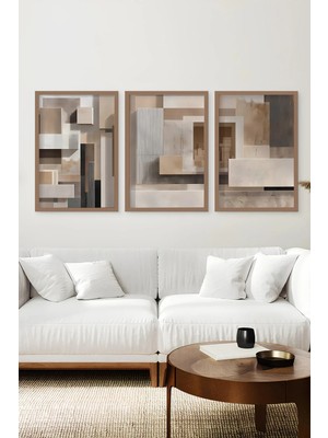 KutuTR Kahverengi Ahşap Çerçeveli 2duv Baskı 3’lü Mdf Tablo–modern Geometrik Soyut Mimari-Kahve CRV1242