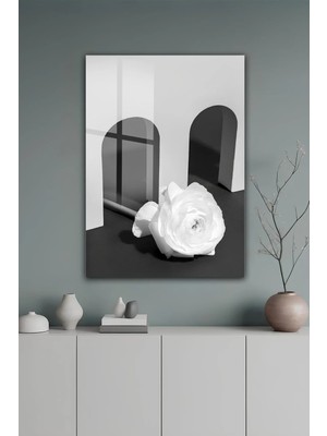 KutuTR Siyah Beyaz Minimalist Kemer ve Gül Detaylı Temperli Cam Tablo 2d Uv Baskı - YCT482
