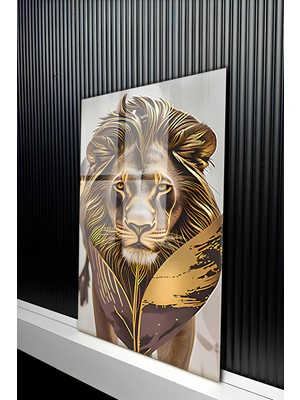KutuTR Altın Detaylı ve Görkemli Aslan Portresi Temalı Temperli Cam Tablo 50X70 cm 2d Uv Baskı - YCT141