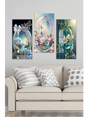 KutuTR 3D Görünümlü 2d Uv Baskı Temperli Cam Tablo Set – Çiçekli Fanus ve Kelebek Deseni – 30X60 Cm- DCS047