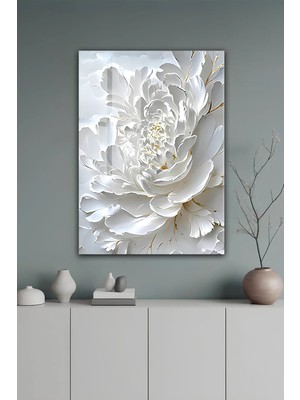 KutuTR Beyaz Kabartma Dokulu Modern Şakayık Çiçeği Desenli Temperli Cam Tablo 2d Uv Baskı - YCT319