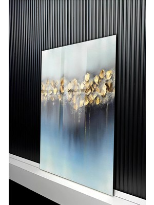 KutuTR Mavi ve Antrasit Zemin Üzerine Altın Varak Detaylı Temperli Cam Tablo 50X70 cm 2d Uv Baskı - YCT191