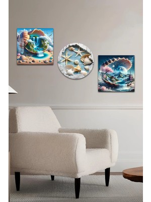 KutuTR 3D Görünümlü 2duv Baskı Temperli Cam Tablo Set–deniz Kabukları ve Fantastik Şelale 33X33CM- KYK002