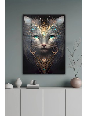 KutuTR Turkuaz Gözlü Mistik Kedi Temalı Temperli Cam Tablo 50X70 cm 2d Uv Baskı - YCT059