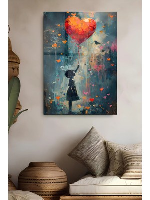 KutuTR Kırmızı Kalp Balonlu Kız Temalı Temperli Cam Tablo 50X70 cm 2d Uv Baskı - YCT090