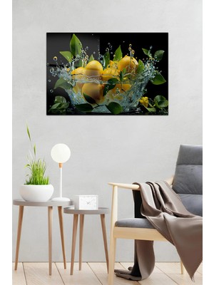 KutuTR Limon ve Yeşil Yapraklı Su Sıçramalı Temperli Cam Tablo 50X70 cm 2d Uv Baskı - YCT011