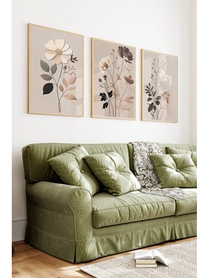 KutuTR Ahşap Çerçeveli 2d Uv Baskı 3'lü Tablo Set–minimal Çiçek Çizimi Temalı Bej Tonlarda- CRV1328