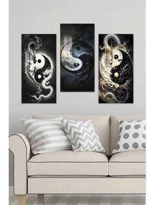 KutuTR 3D Görünümlü 2d Uv Baskı Temperli Cam Tablo Set – Yin Yang Ejderha Tasarım – 30X60 Cm- DCS042