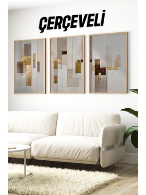 KutuTR 3’lü Mdf Tablo Seti – Soyut Geometrik Altın Detaylı Modern Duvar Dekoru – 2d Uv Baskı CRV1255