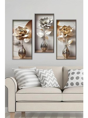 KutuTR 3D Görünümlü 2d Uv Baskı Temperli Cam Tablo Set – Premium Vazolu Çiçek Tasarımı – 30X60 cm - DCS013