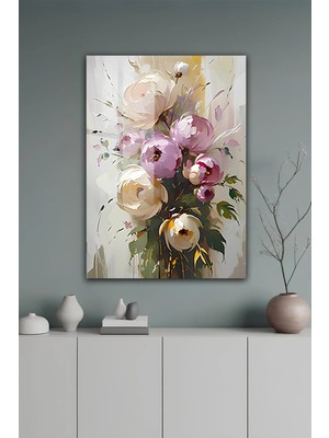 KutuTR Pastel Tonlarda Sanatsal Çiçek Buketi Tasarım Temperli Cam Tablo 2d Uv Baskı - YCT320