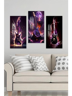 KutuTR 3D Görünümlü 2d Uv Baskı Temperli Cam Tablo Set – Alevli Gitar ve Sahne Tasarımı 30X60CM- DCS058