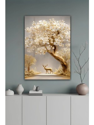 KutuTR Beyaz Çiçekli Ağaç ve Geyik Temalı Temperli Cam Tablo 50X70 cm 2d Uv Baskı - YCT077